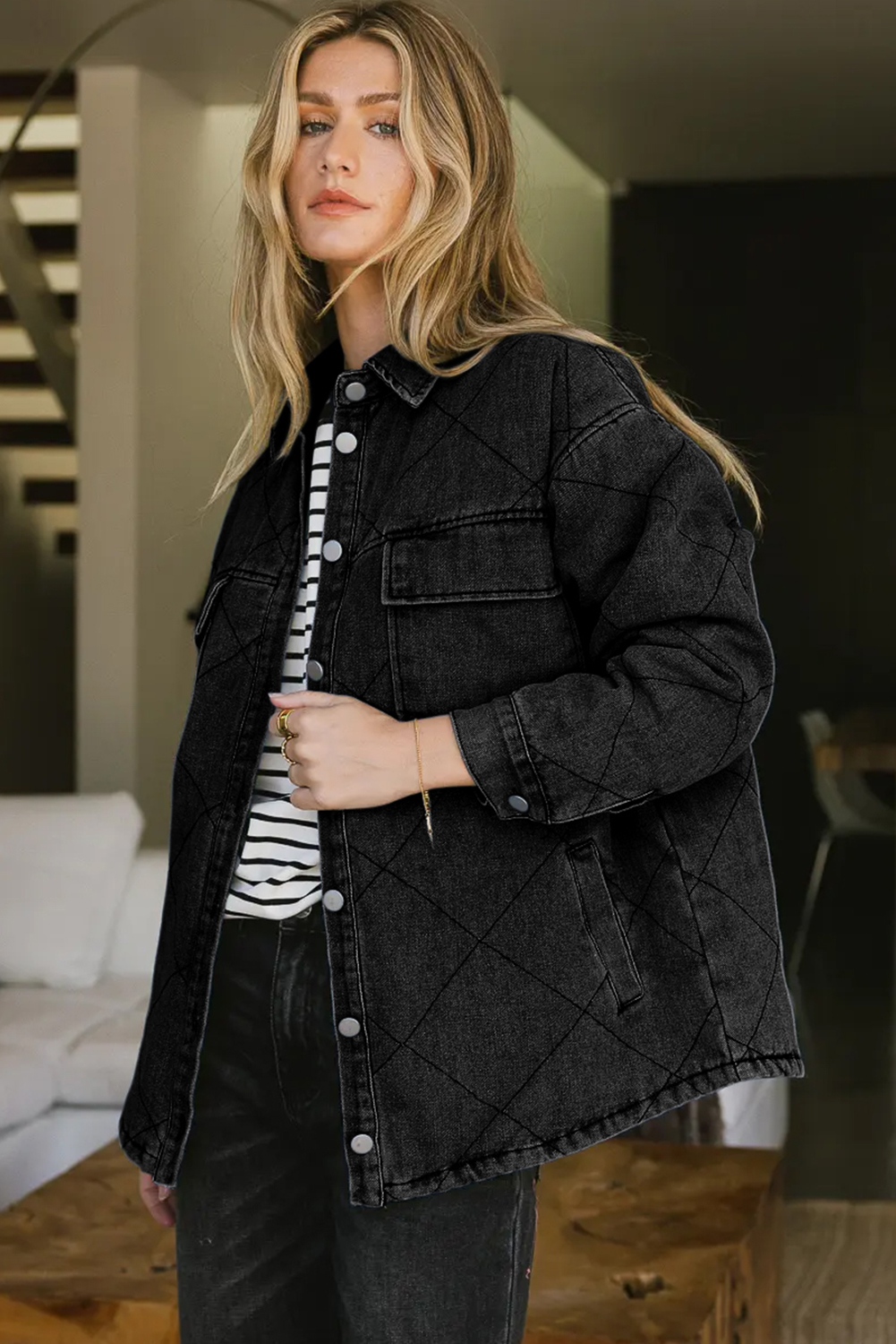 Rhombus Stitched Denim Jacket, Women's Trendy Shacket - Detail View 5 Rhombus Stitched Denim Jacket, Women's Trendy Shacket - Detail View 5