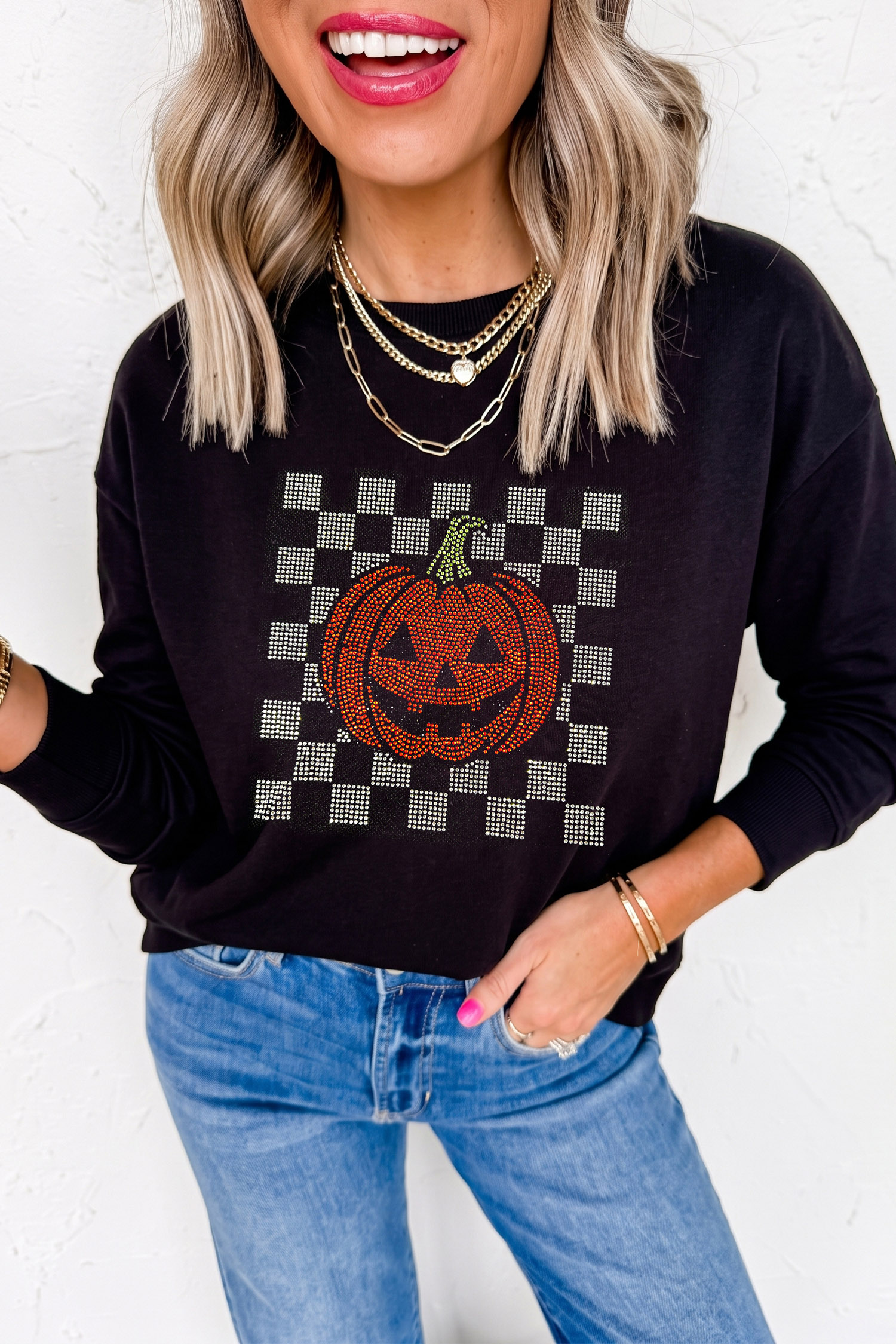 Women's Cotton Blend Pumpkin Pullover, Black Long Sleeve - Detail View 3 Women's Cotton Blend Pumpkin Pullover, Black Long Sleeve - Detail View 3