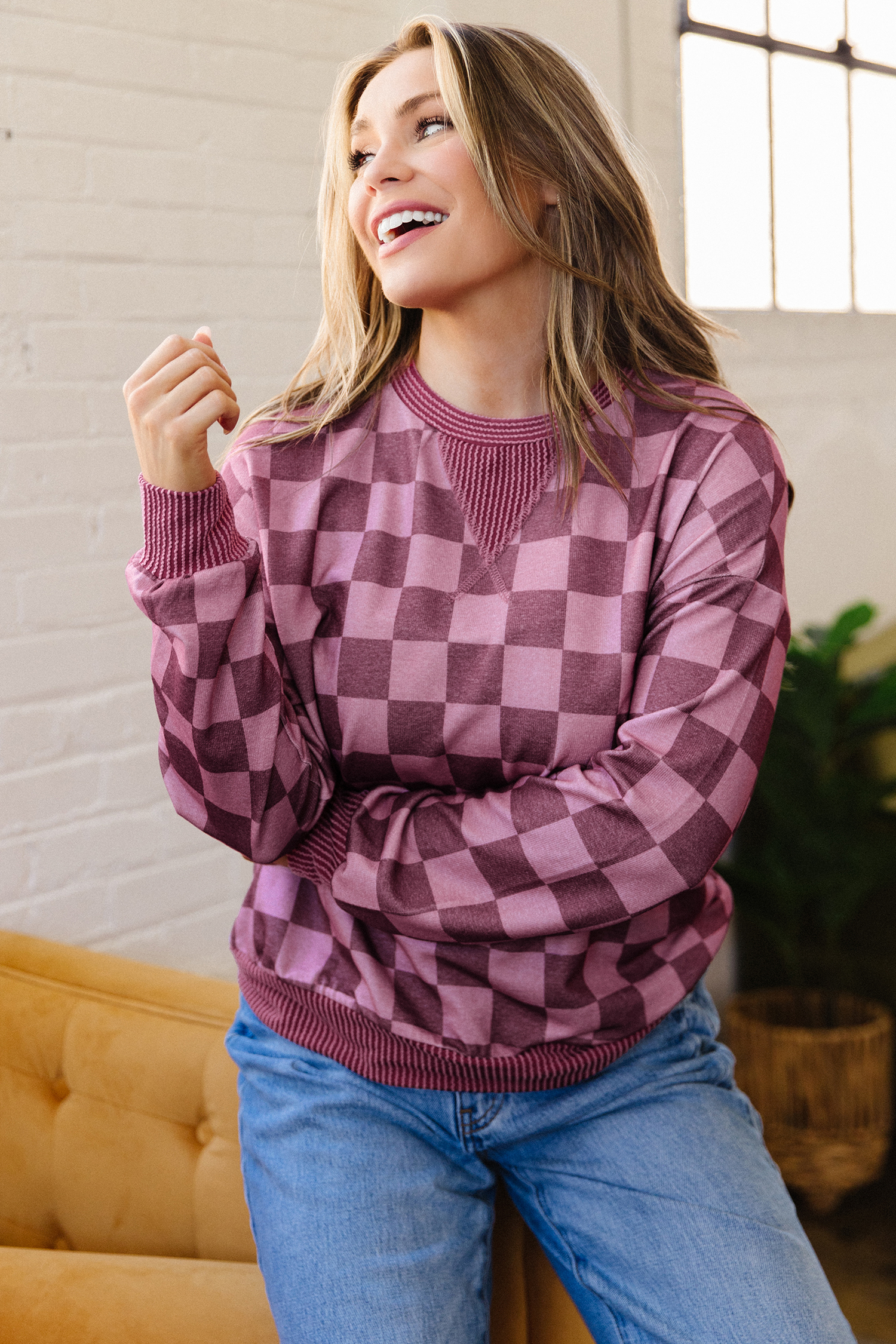 Women's Red Checkered Pullover, Cozy Ribbed Trim Top - Detail View 3 Women's Red Checkered Pullover, Cozy Ribbed Trim Top - Detail View 3