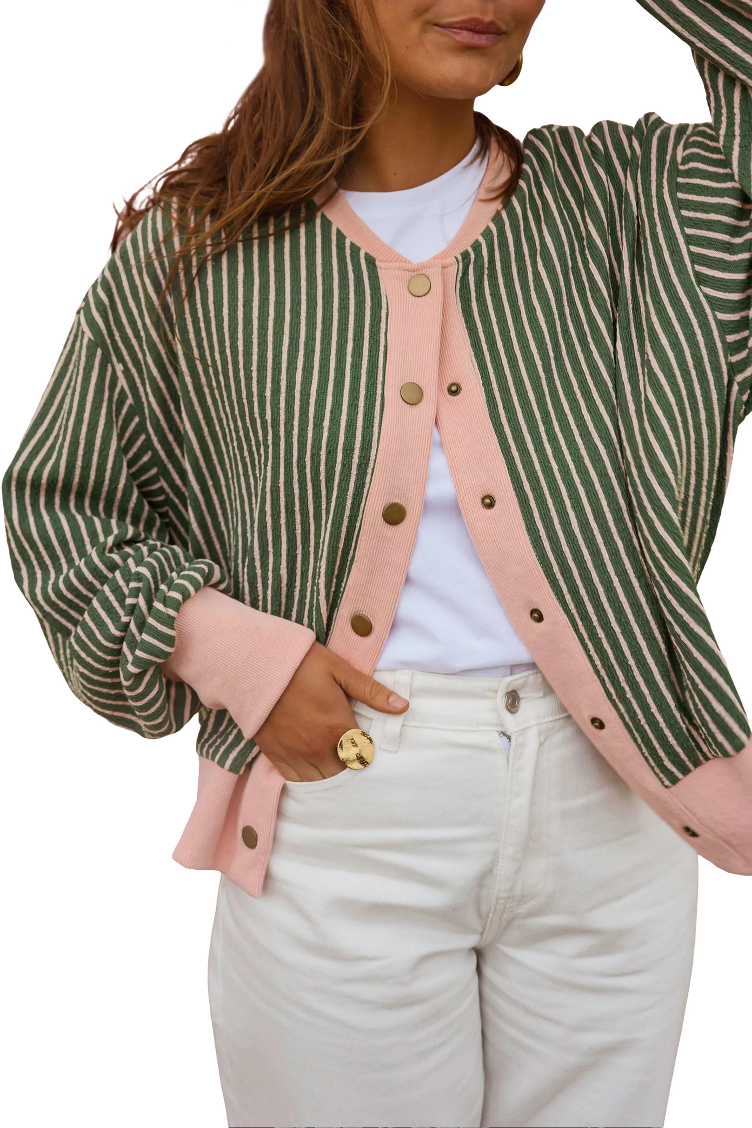 Casual V Neck Striped Cardigan, Comfortable Autumn Knitwear - Detail View 6 Casual V Neck Striped Cardigan, Comfortable Autumn Knitwear - Detail View 6