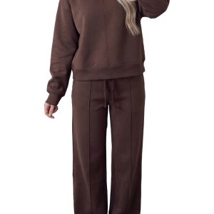 HOME Women's Mock Neck Lounge Set, Casual Coffee 2 Piece Outfit - Main View