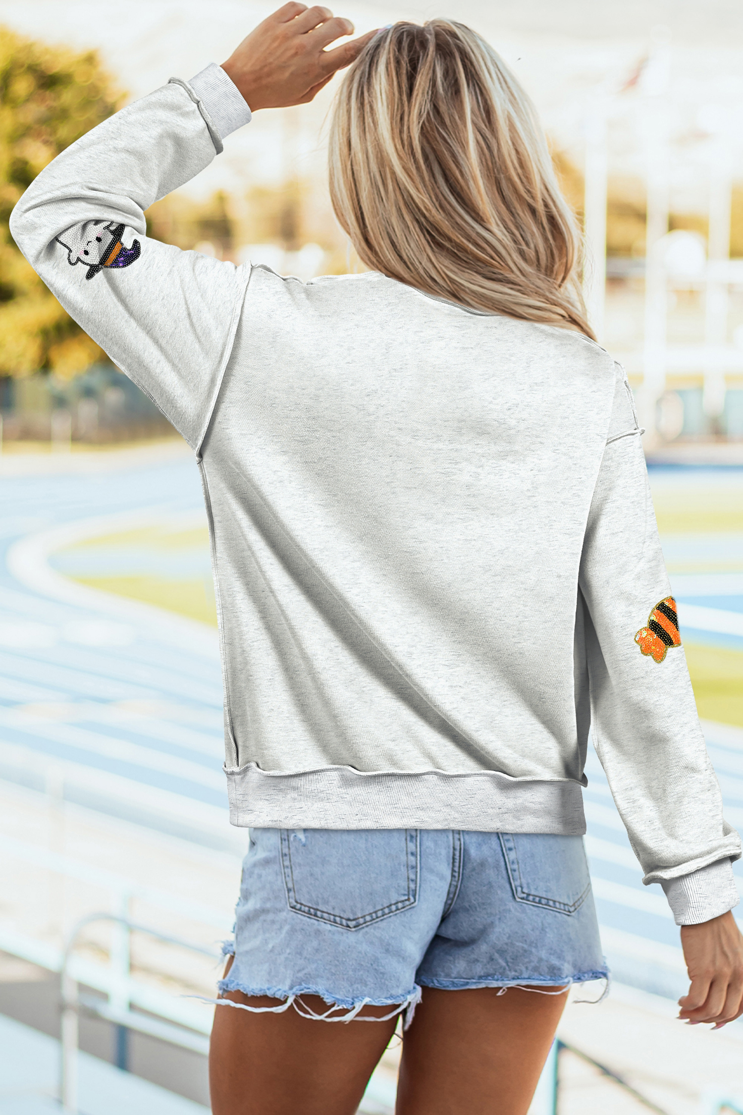 Light Grey Halloween Pullover, Sequin Ghost Casual Crewneck - Detail View 5 Light Grey Halloween Pullover, Sequin Ghost Casual Crewneck - Detail View 5