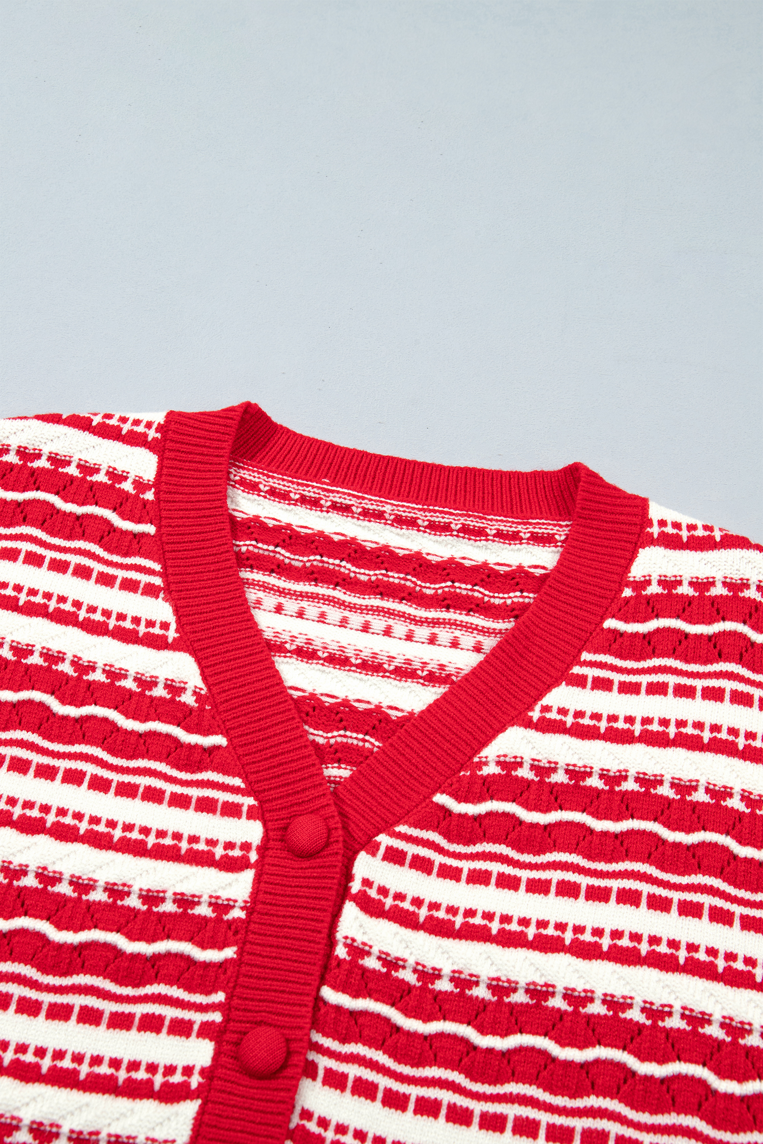 Women's Soft Red Cardigan Sweater, Cozy Striped Knit - Detail View 6 Women's Soft Red Cardigan Sweater, Cozy Striped Knit - Detail View 6