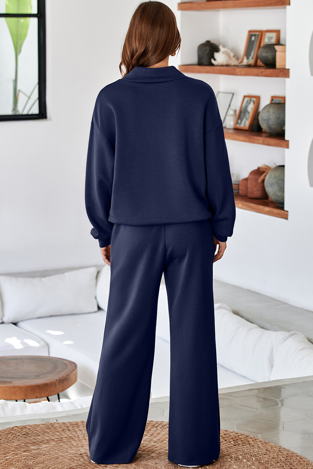 Women's Wide Leg Pants Set, Drawstring Pullover Suit - Detail View 2 Women's Wide Leg Pants Set, Drawstring Pullover Suit - Detail View 2