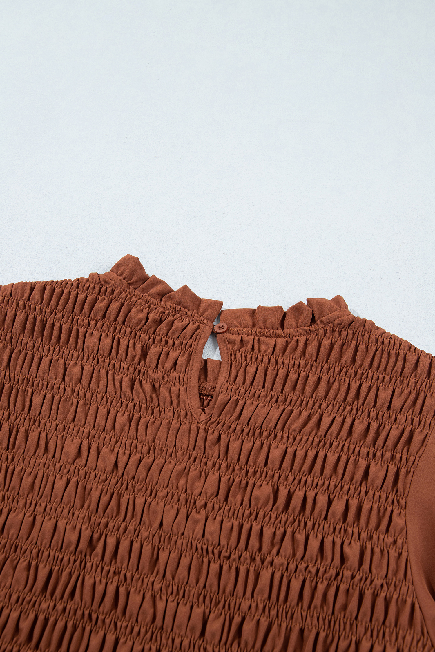 Women's Smocked Ruffle Blouse, Casual Coffee Top - Detail View 7 Women's Smocked Ruffle Blouse, Casual Coffee Top - Detail View 7