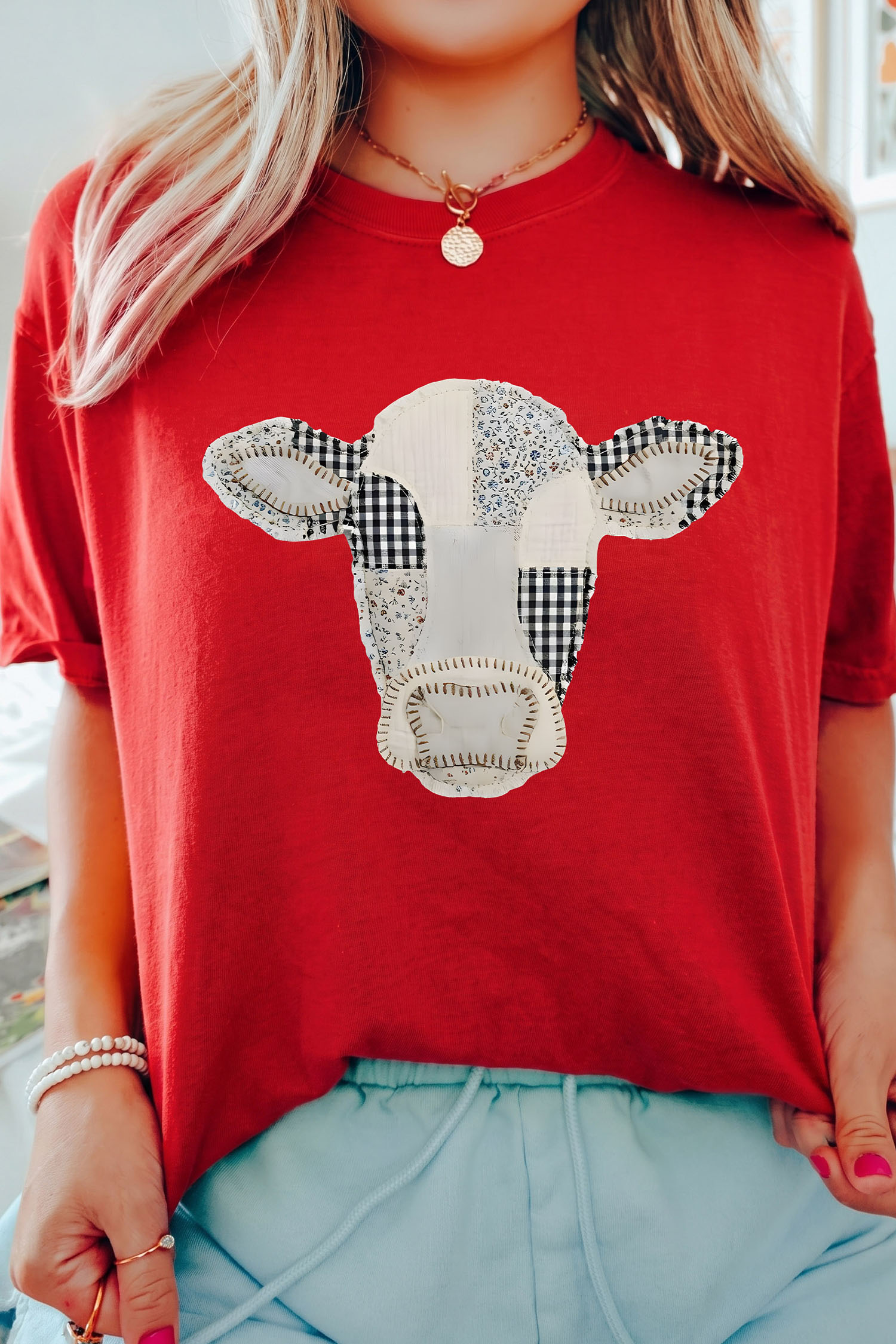 Casual Western Cow Graphic Shirt, Soft Cotton Blend Summer Top - Detail View 3 Casual Western Cow Graphic Shirt, Soft Cotton Blend Summer Top - Detail View 3