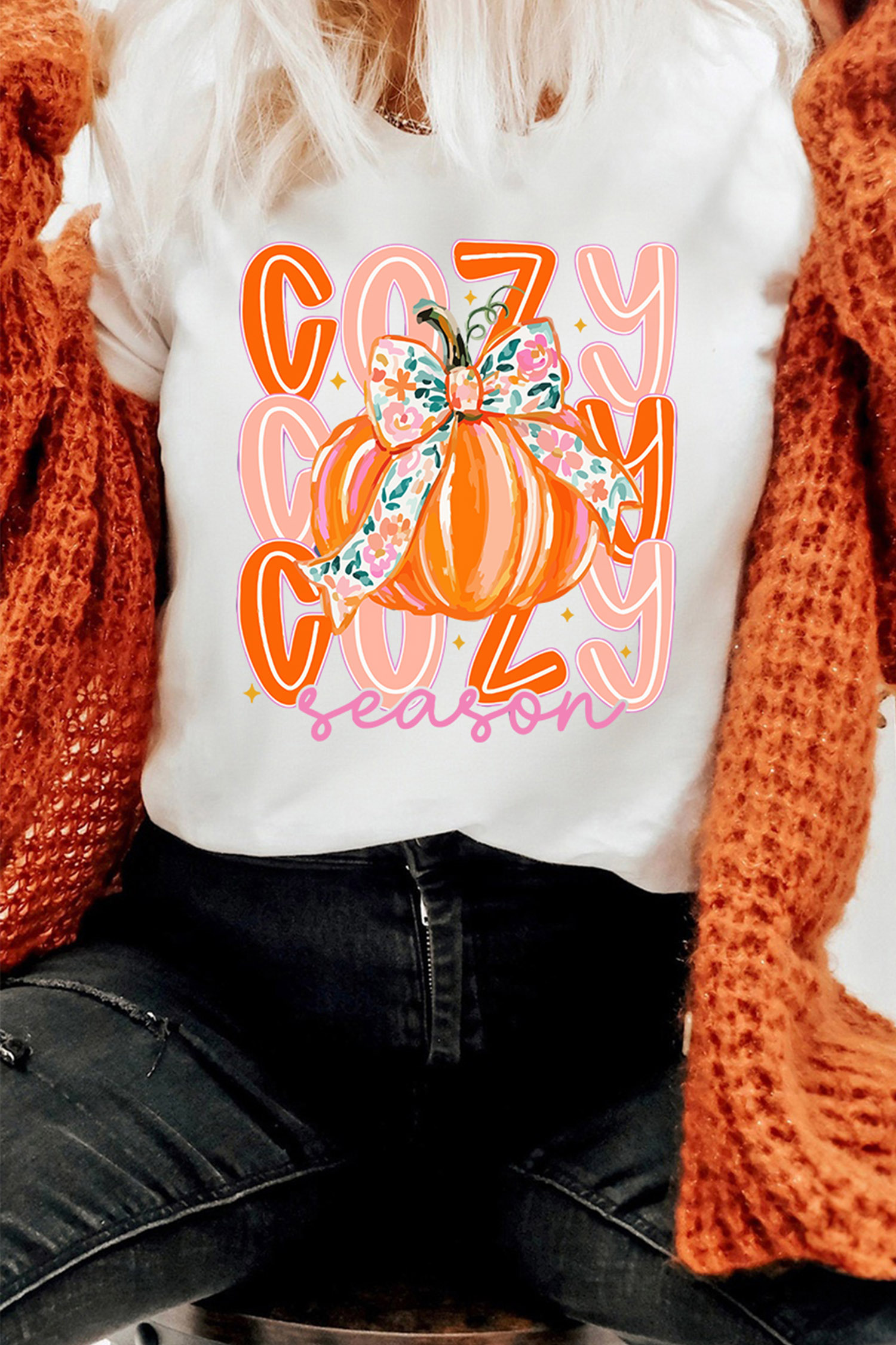 Cozy Season Pumpkin Tee, Trendy Women Graphic Round Neck - Detail View 5 Cozy Season Pumpkin Tee, Trendy Women Graphic Round Neck - Detail View 5