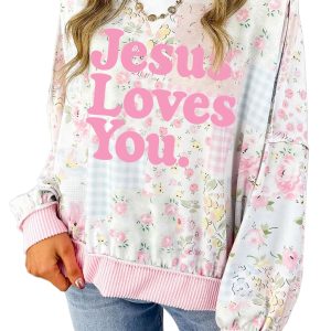 Women's Jesus Loves You Pullover, Pink Floral Patchwork Top - Main View