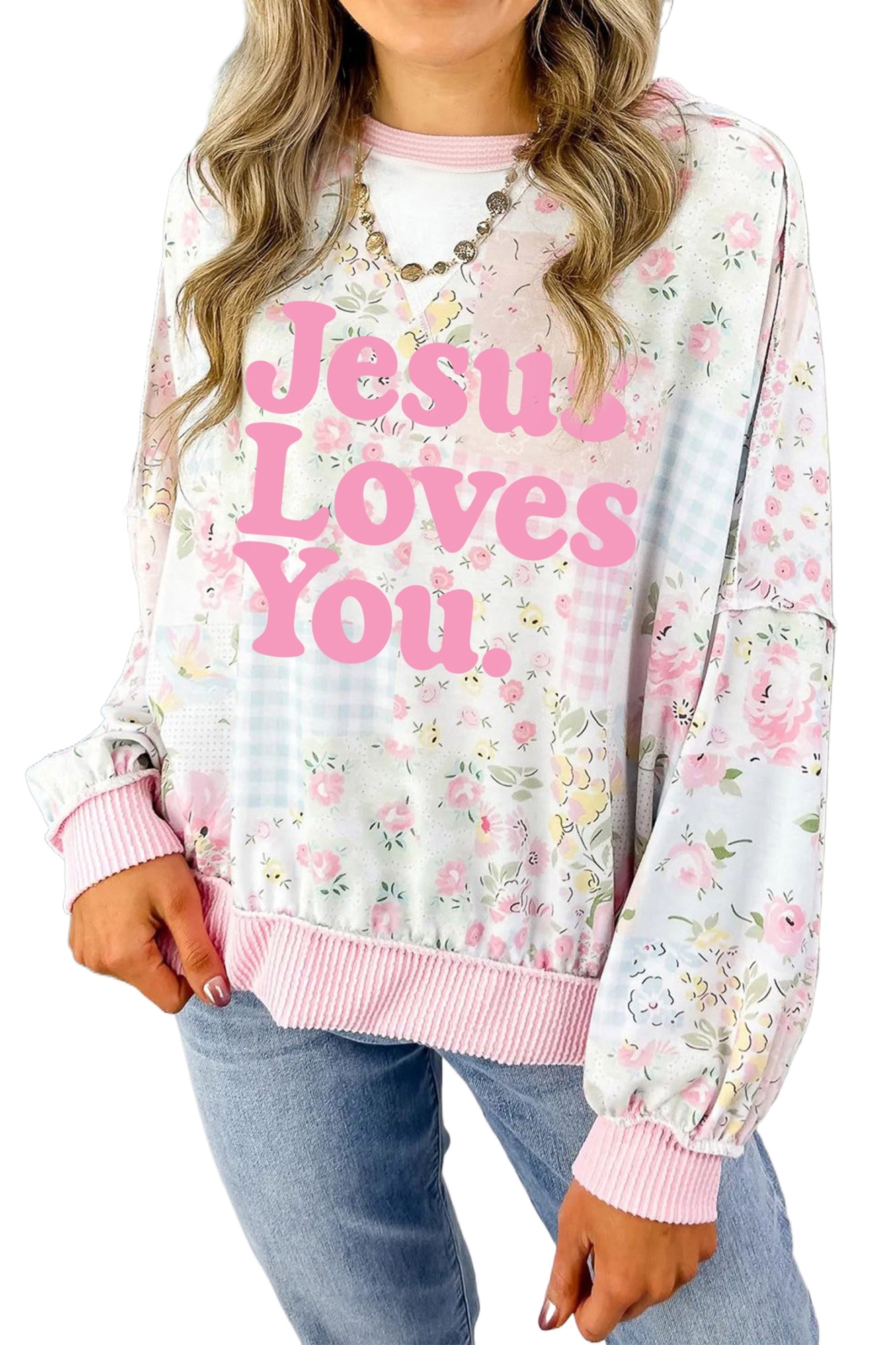 Women's Jesus Loves You Pullover, Pink Floral Patchwork Top - Main View Women's Jesus Loves You Pullover, Pink Floral Patchwork Top - Main View