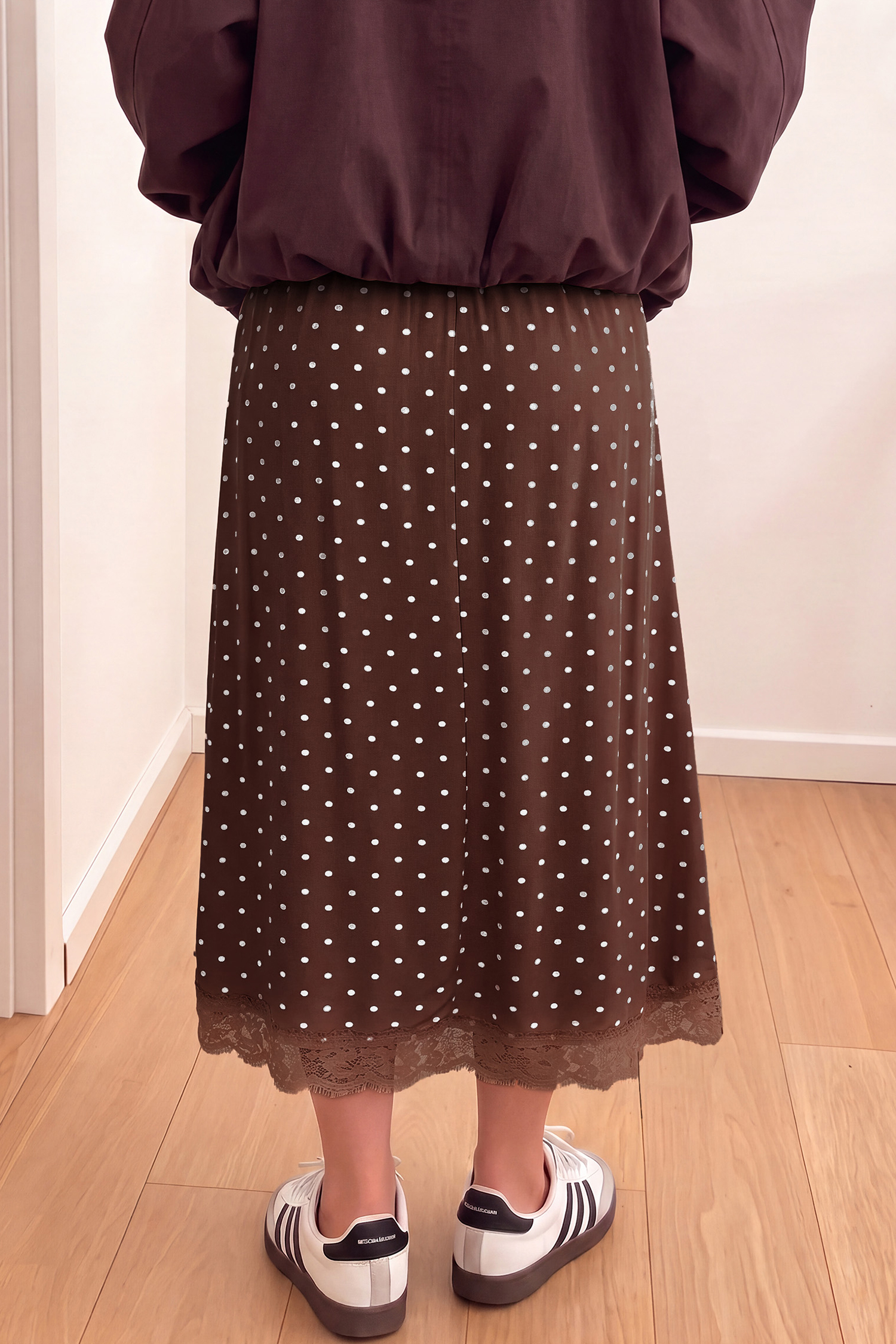 Elegant Polka Dot Women's Shift Skirt, Chic Lace Hem - Detail View 2 Elegant Polka Dot Women's Shift Skirt, Chic Lace Hem - Detail View 2