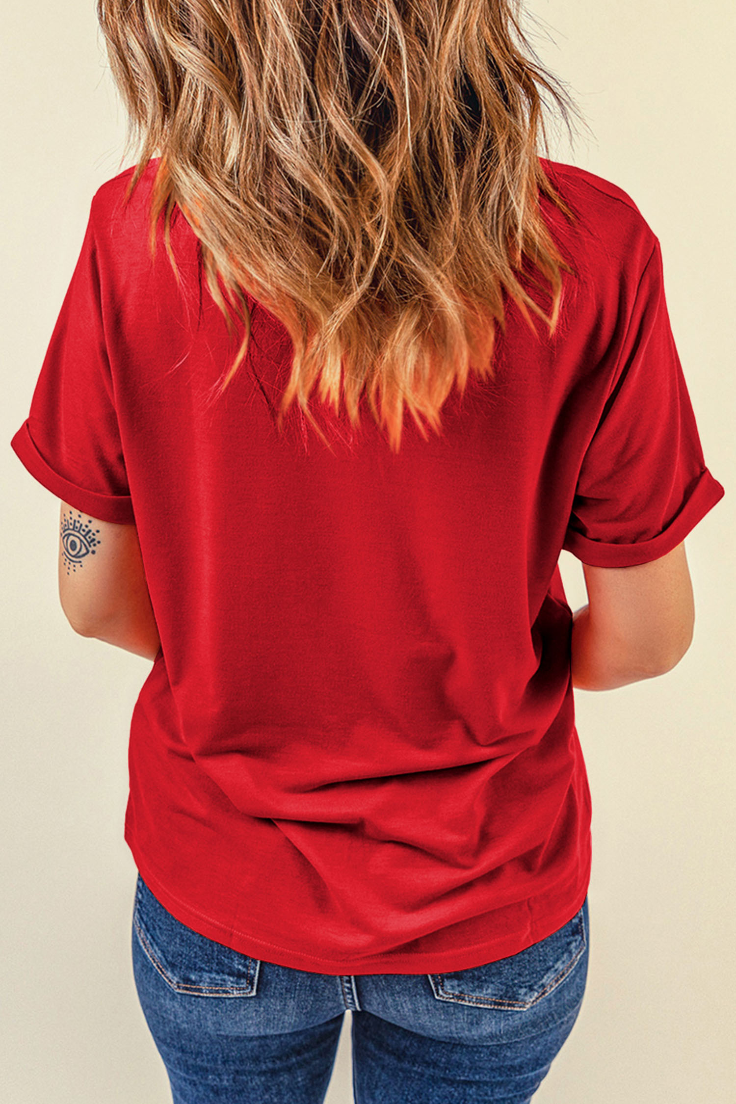 Red Patchwork Cow Print T Shirt, Western Style Casual Blouse - Detail View 2 Red Patchwork Cow Print T Shirt, Western Style Casual Blouse - Detail View 2