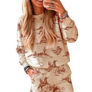 Western Print Shorts Set, Long Sleeve Women's Casual Wear - Main View