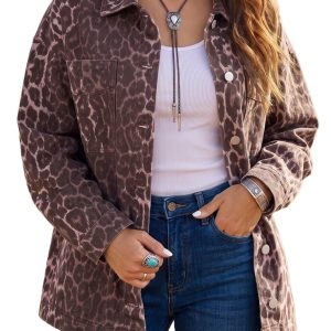 Women's Leopard Denim Jacket, Oversized Khaki Button Down - Main View