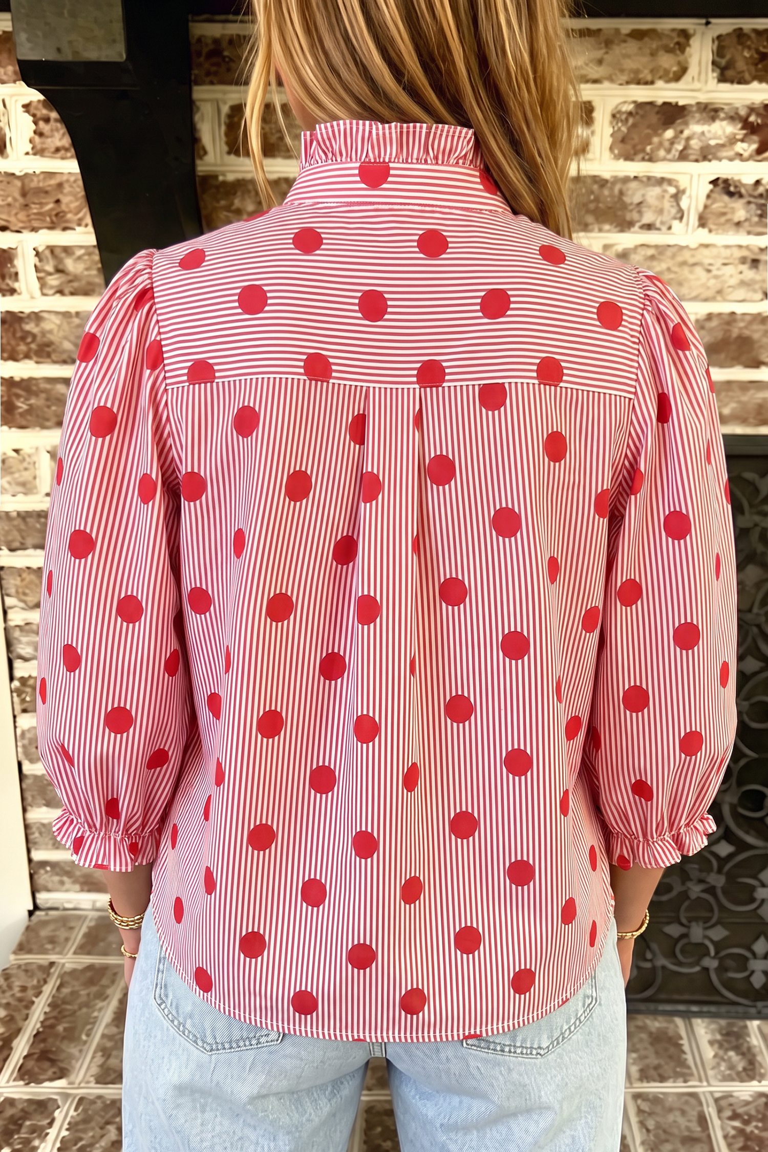 Women's Striped Polka Dot Blouse, Trendy Spring Top - Detail View 2 Women's Striped Polka Dot Blouse, Trendy Spring Top - Detail View 2