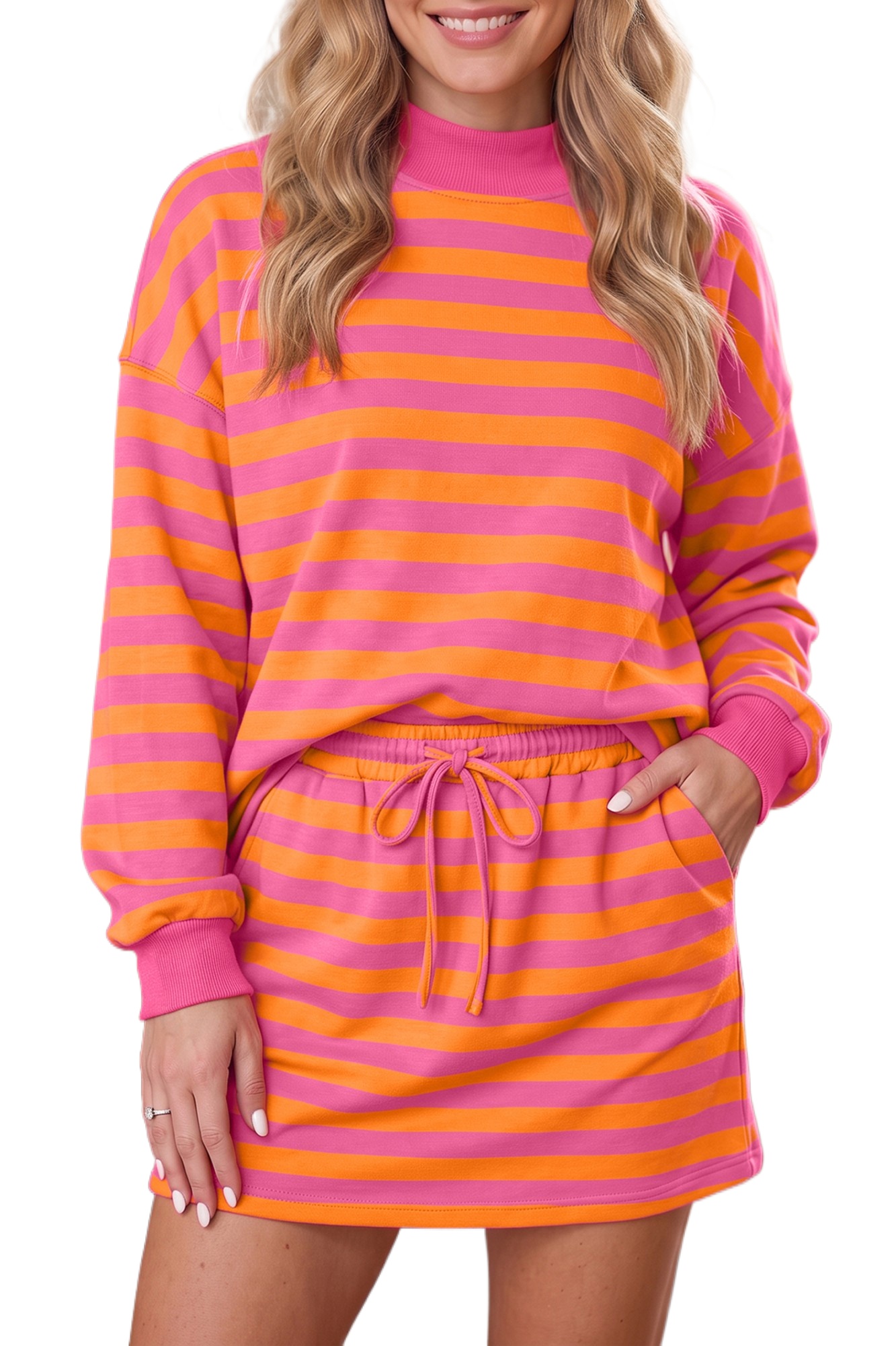 Women's Striped Skort Set, Casual Mock Neck Pullover - Main View Women's Striped Skort Set, Casual Mock Neck Pullover - Main View