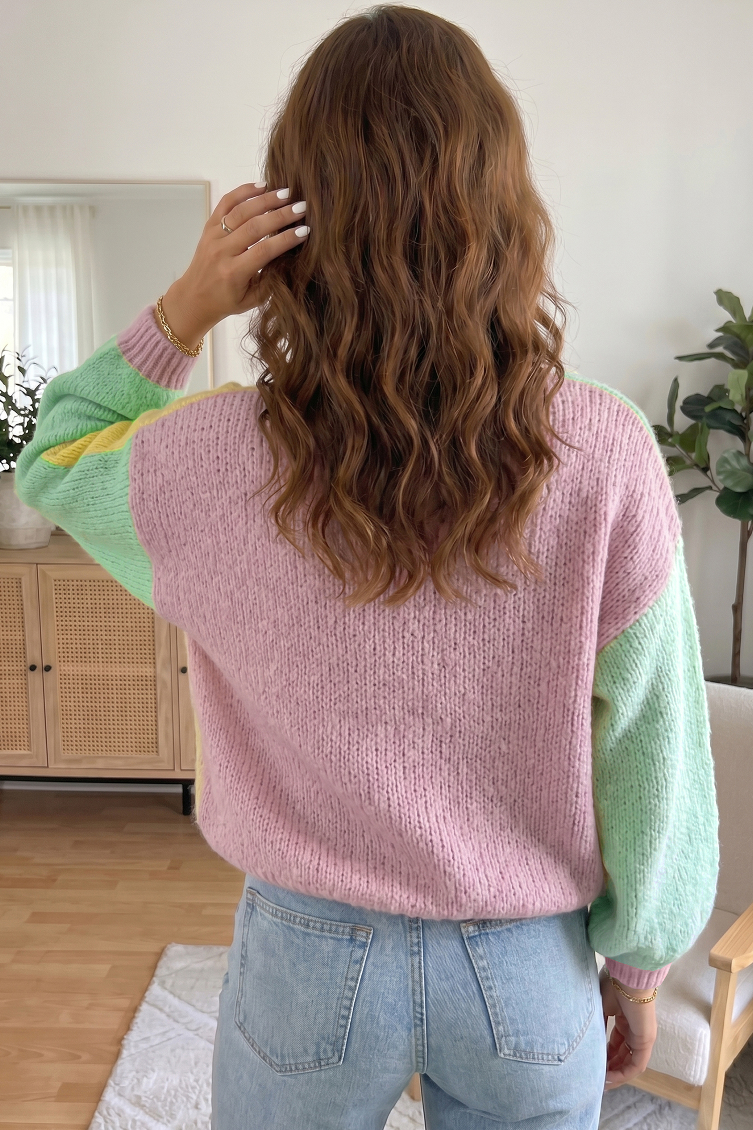 Pastel Patchwork Cardigan, Long Sleeve Button Down Knitwear - Detail View 2 Pastel Patchwork Cardigan, Long Sleeve Button Down Knitwear - Detail View 2