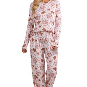 Women's Christmas Lounge Set, Pink Ribbed Holiday Two Piece - Main View