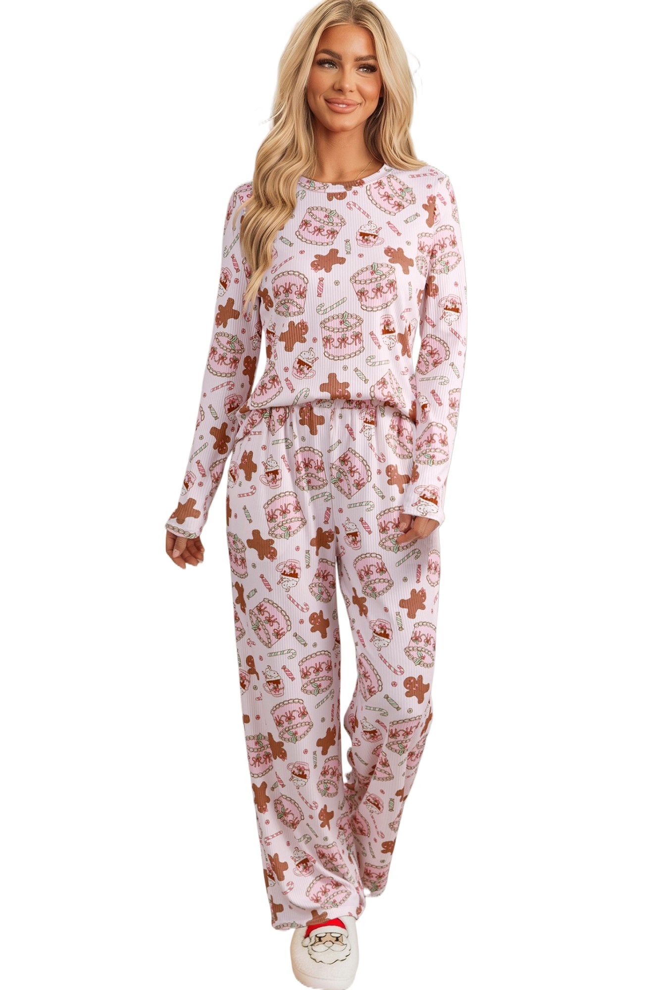 Women's Christmas Lounge Set, Pink Ribbed Holiday Two Piece - Main View Women's Christmas Lounge Set, Pink Ribbed Holiday Two Piece - Main View