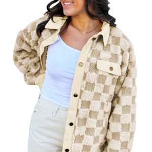 Women's Plaid Shacket, Cozy Sherpa Button Down Jacket - Main View