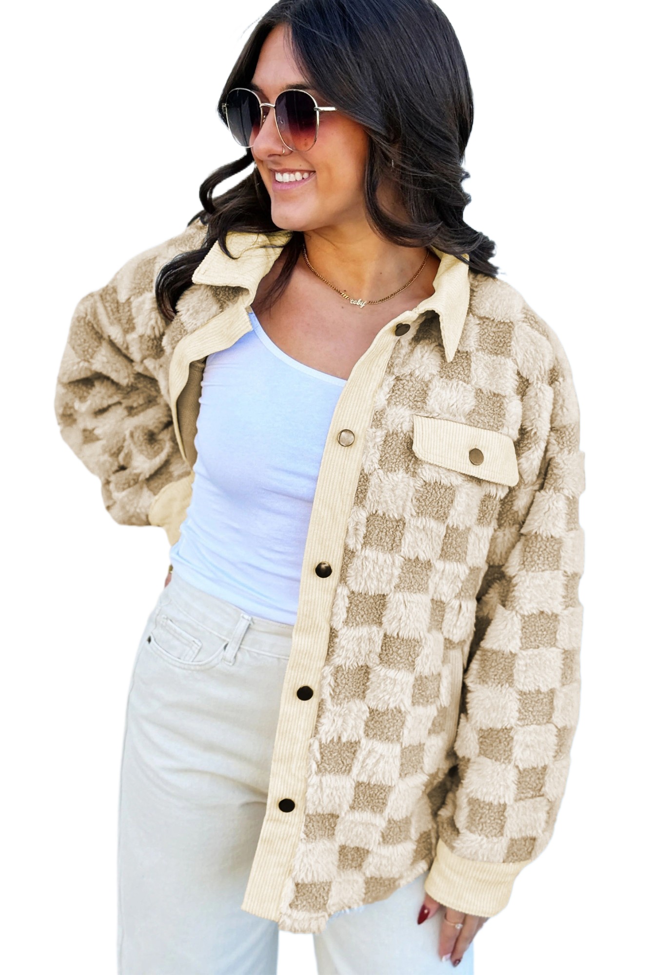 Women's Plaid Shacket, Cozy Sherpa Button Down Jacket - Main View Women's Plaid Shacket, Cozy Sherpa Button Down Jacket - Main View