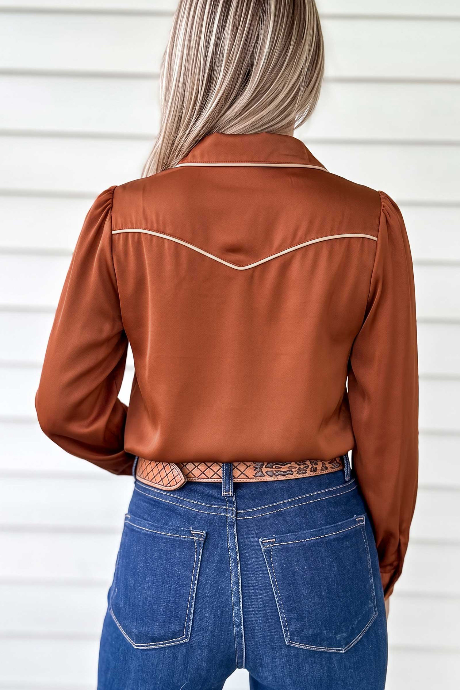 Silky Button Down Western Blouse, Women's Fall Fashion - Detail View 2 Silky Button Down Western Blouse, Women's Fall Fashion - Detail View 2