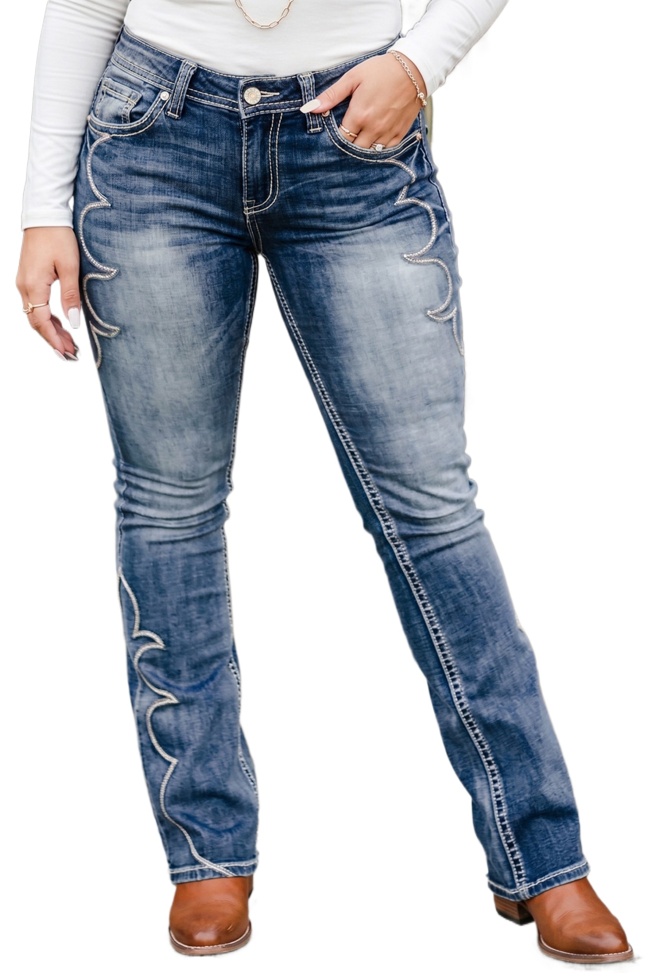 Women's Western Flare Jeans, Daily Casual Denim - Main View Women's Western Flare Jeans, Daily Casual Denim - Main View
