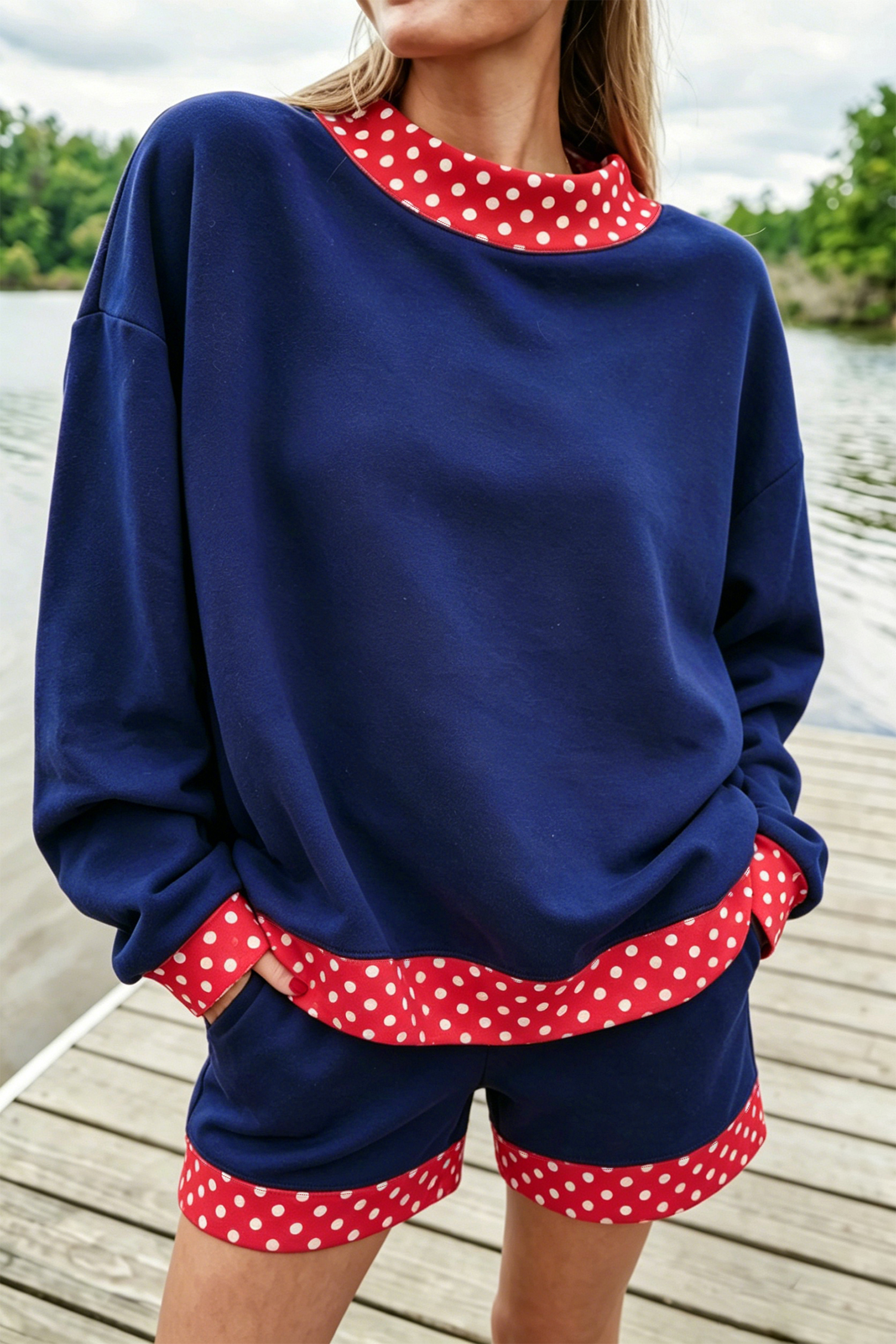Women's Pullover and Short Set, Navy Casual Daily Wear - Detail View 7 Women's Pullover and Short Set, Navy Casual Daily Wear - Detail View 7
