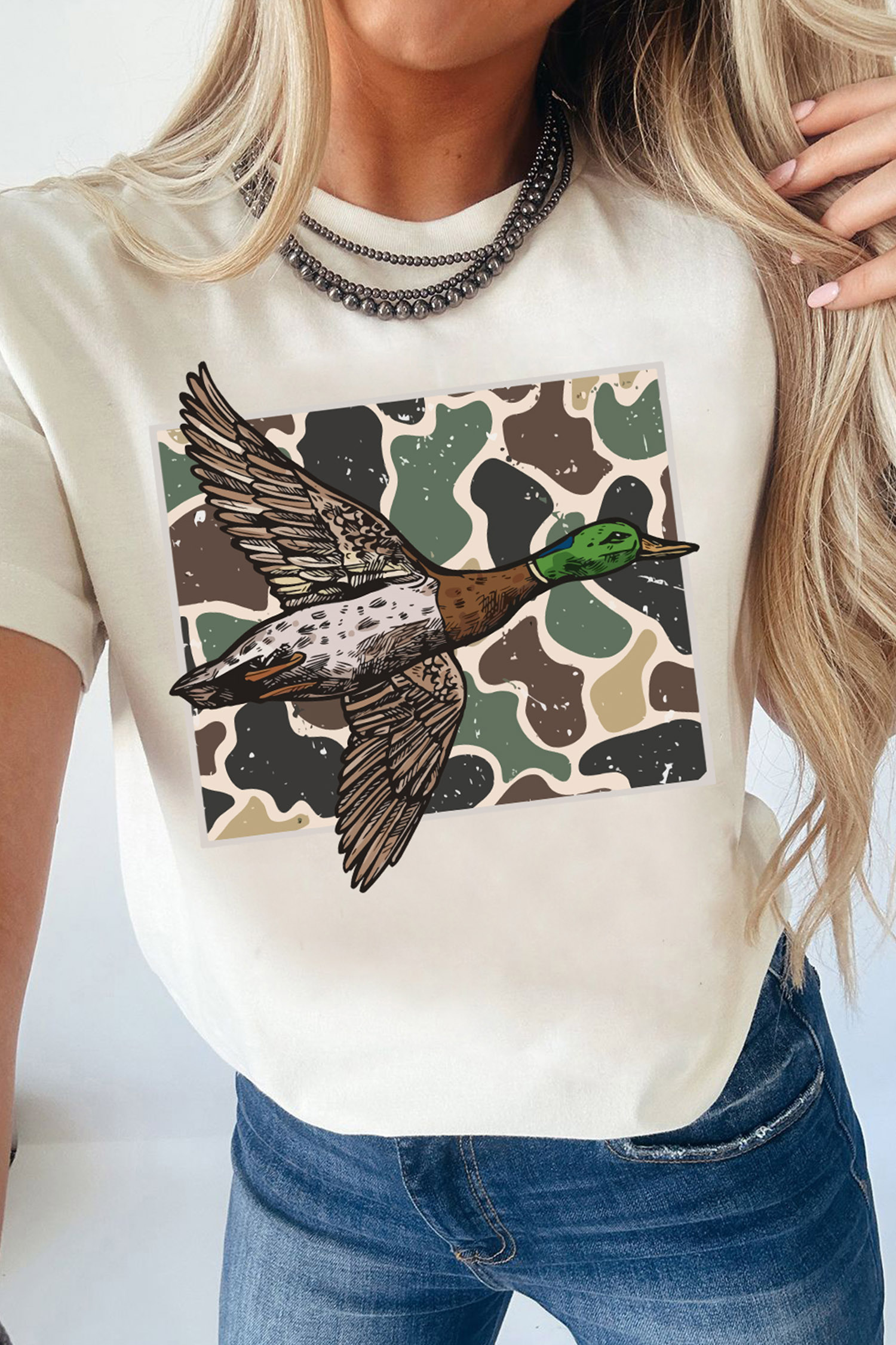 Women's Mallard Duck T-Shirt, Western Camo Graphic Tee - Detail View 7 Women's Mallard Duck T-Shirt, Western Camo Graphic Tee - Detail View 7