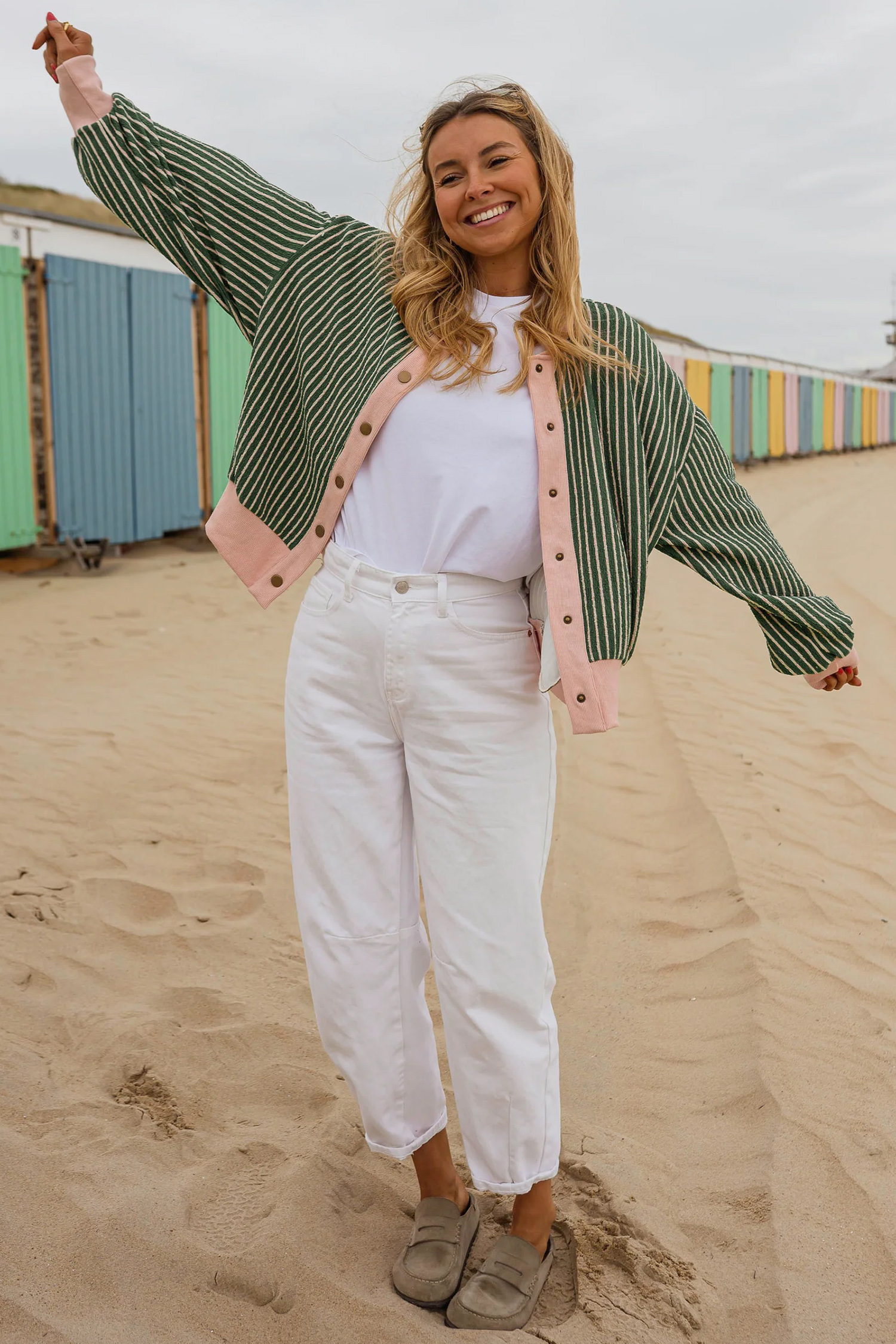 Green Striped Long Sleeve Cardigan, Stylish Colorblock Jacket - Detail View 5 Green Striped Long Sleeve Cardigan, Stylish Colorblock Jacket - Detail View 5