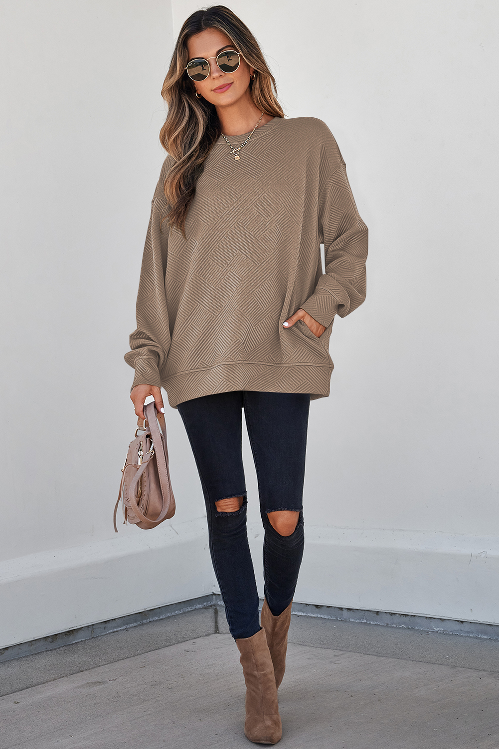 Textured Round Neck Sweatshirt, Women's Drop Shoulder Top - Detail View 5 Textured Round Neck Sweatshirt, Women's Drop Shoulder Top - Detail View 5