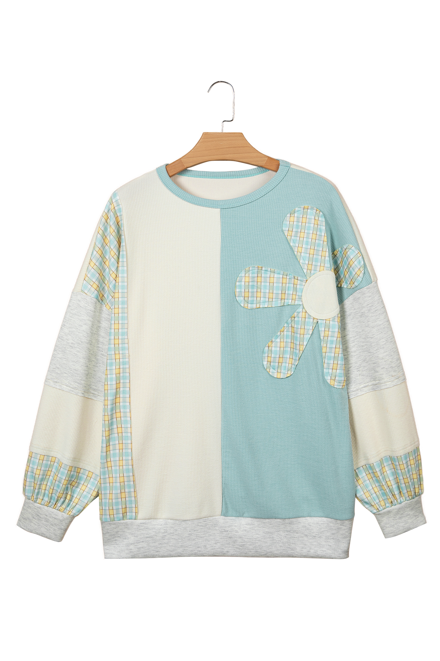 Colorblock Plaid Patchwork Top, Women's Casual Round Neck - Detail View 2 Colorblock Plaid Patchwork Top, Women's Casual Round Neck - Detail View 2
