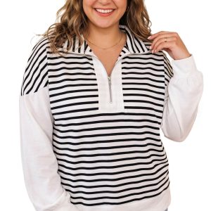 Women's Striped Quarter Zip Pullover, Casual Daily Sweatshirt - Main View