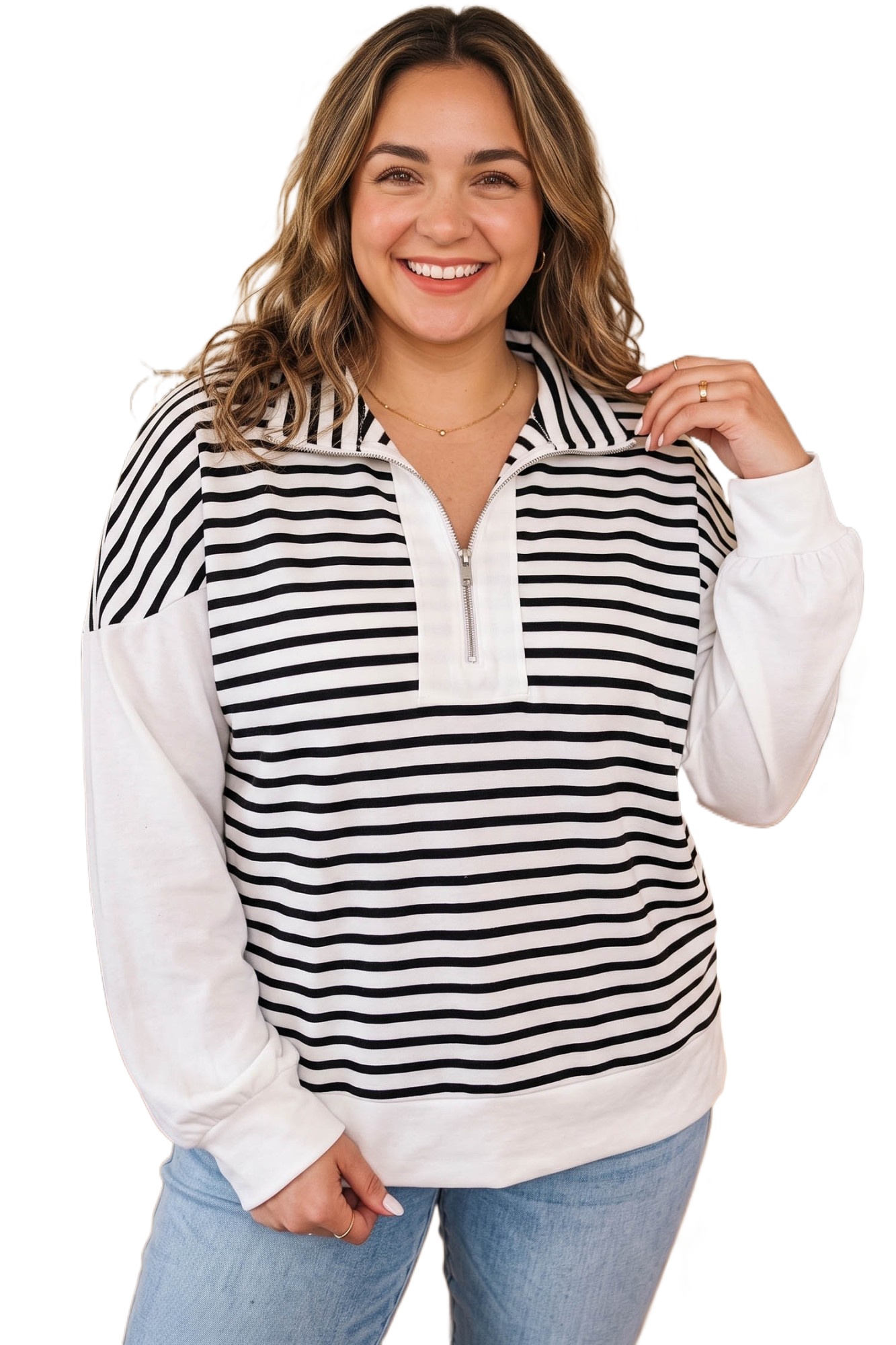 Women's Striped Quarter Zip Pullover, Casual Daily Sweatshirt - Main View Women's Striped Quarter Zip Pullover, Casual Daily Sweatshirt - Main View