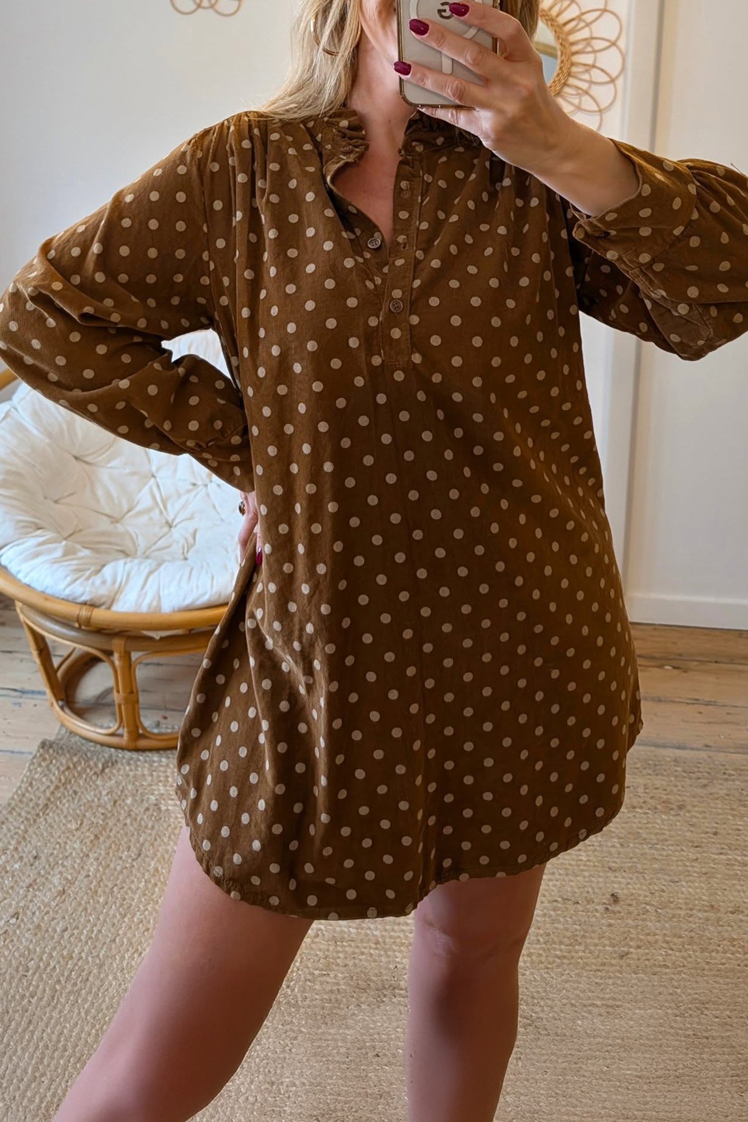Women's Polka Dot V Neck Dress, Retro Long Sleeve Style - Detail View 2 Women's Polka Dot V Neck Dress, Retro Long Sleeve Style - Detail View 2