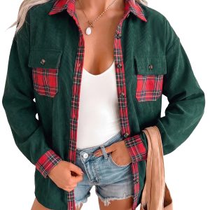 Green Corduroy Shacket, Plaid Trim Daily Casual Women Shirt - Main View