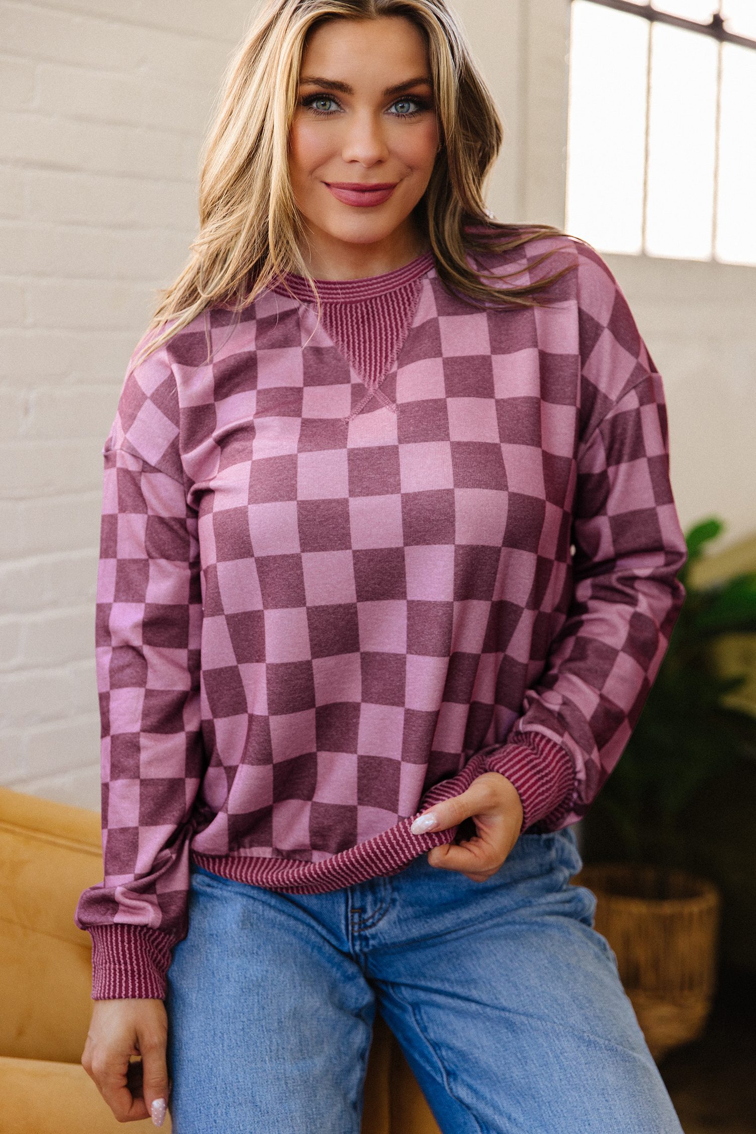 Women's Plaid Long Sleeve Top, Red Checkered Crewneck - Detail View 5 Women's Plaid Long Sleeve Top, Red Checkered Crewneck - Detail View 5