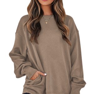 Women's Textured Pullover Sweatshirt, Casual Khaki Top - Main View