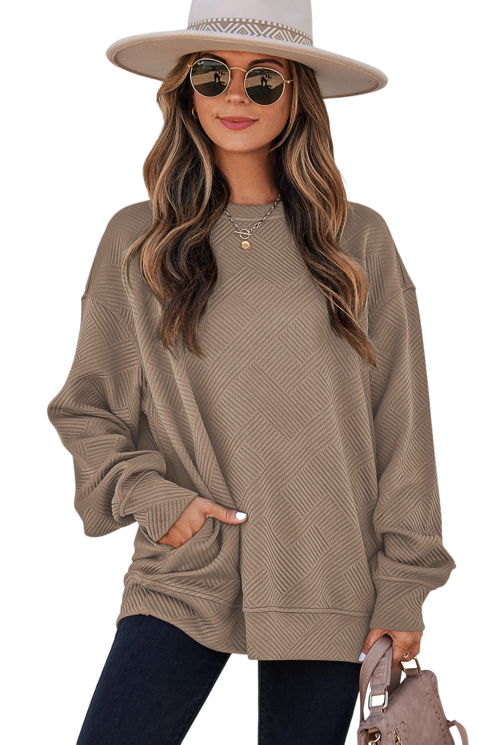 Women's Textured Pullover Sweatshirt, Casual Khaki Top - Main View Women's Textured Pullover Sweatshirt, Casual Khaki Top - Main View