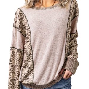 Women's Khaki Floral Long Sleeve Top, Vintage Casual Pullover - Main View