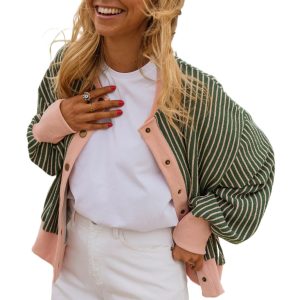 HOME Women's Striped Button Down Cardigan, Casual Green Knit Top - Main View