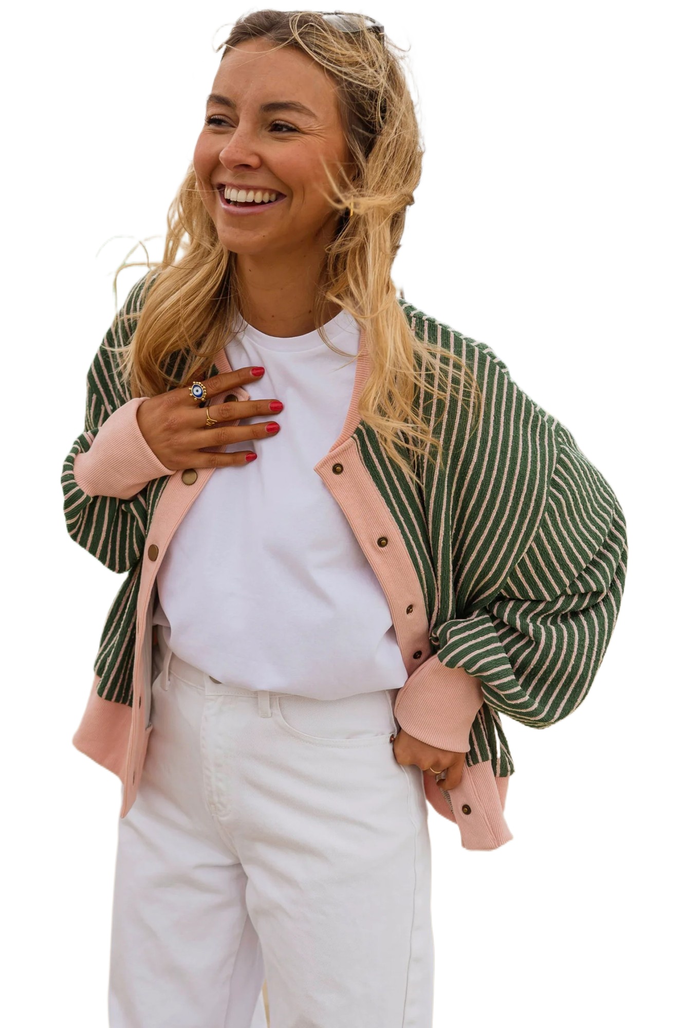 Women's Striped Button Down Cardigan, Casual Green Knit Top - Main View Women's Striped Button Down Cardigan, Casual Green Knit Top - Main View