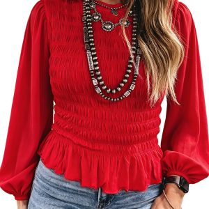 Women's Smocked Blouse, Western Ruffle Hem Long Sleeve - Main View