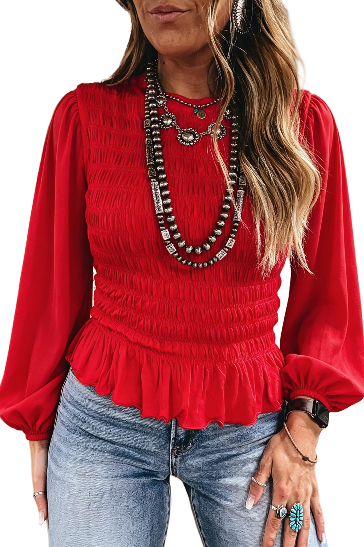 Women's Smocked Blouse, Western Ruffle Hem Long Sleeve - Main View Women's Smocked Blouse, Western Ruffle Hem Long Sleeve - Main View