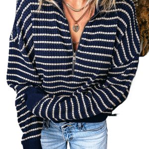 Women's Striped Half Zip Pullover, Casual Daily Top - Main View