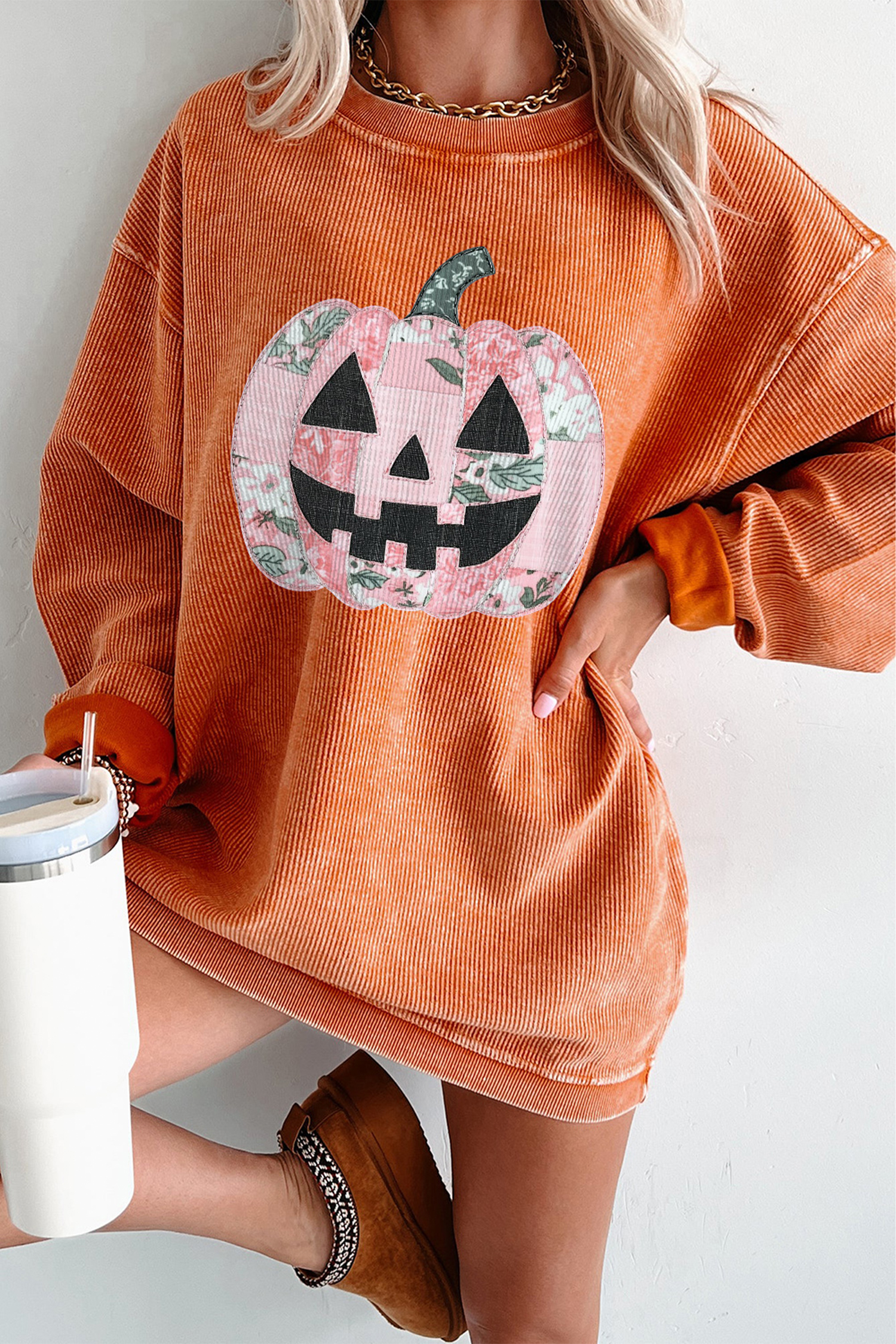 Women's Corded Ribbed Sweatshirt, Cozy Pumpkin Pullover - Detail View 3 Women's Corded Ribbed Sweatshirt, Cozy Pumpkin Pullover - Detail View 3