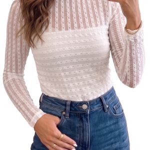 Women's Sheer Lace High Neck Top, Casual Daily Wear - Main View