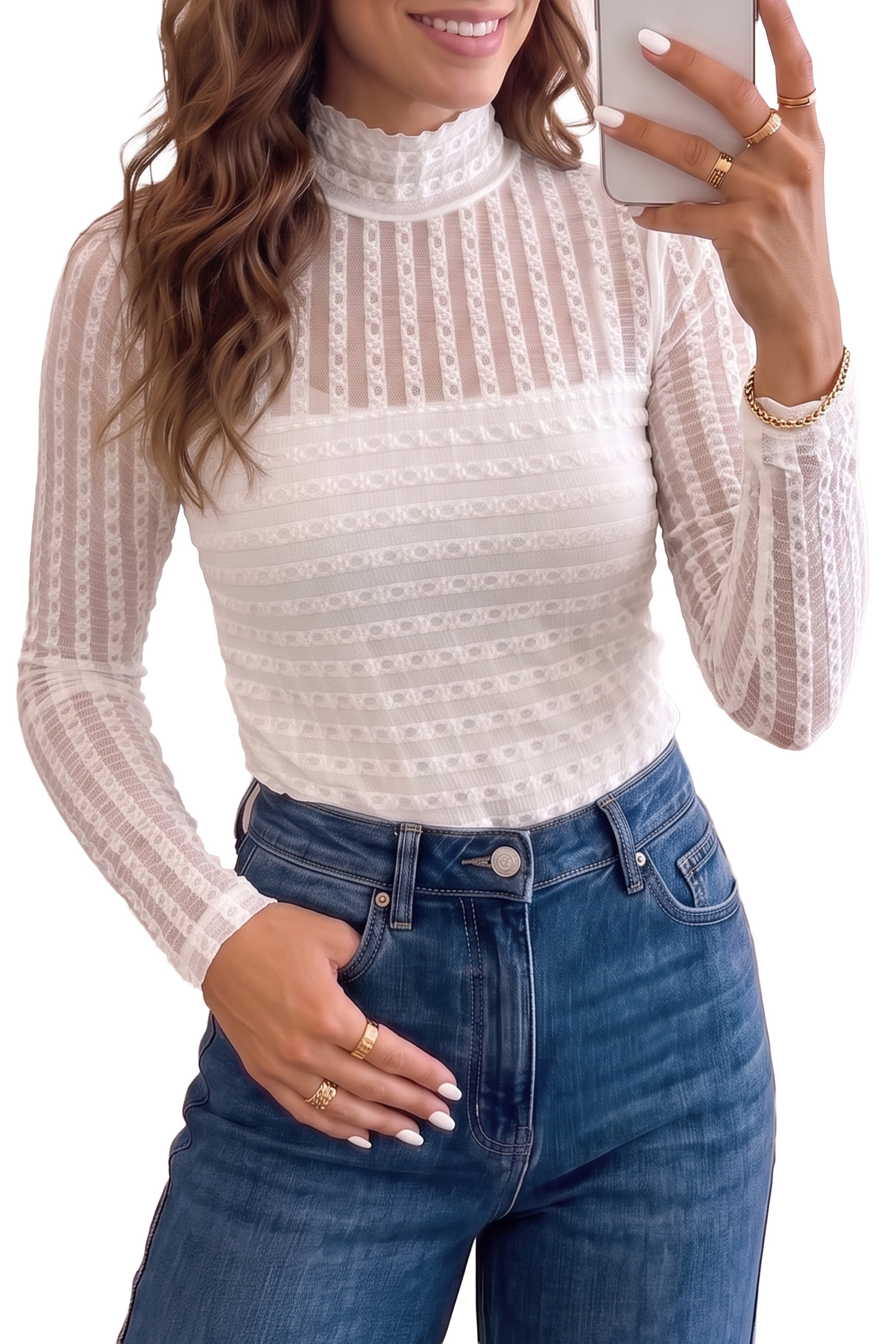 Women's Sheer Lace High Neck Top, Casual Daily Wear - Main View Women's Sheer Lace High Neck Top, Casual Daily Wear - Main View