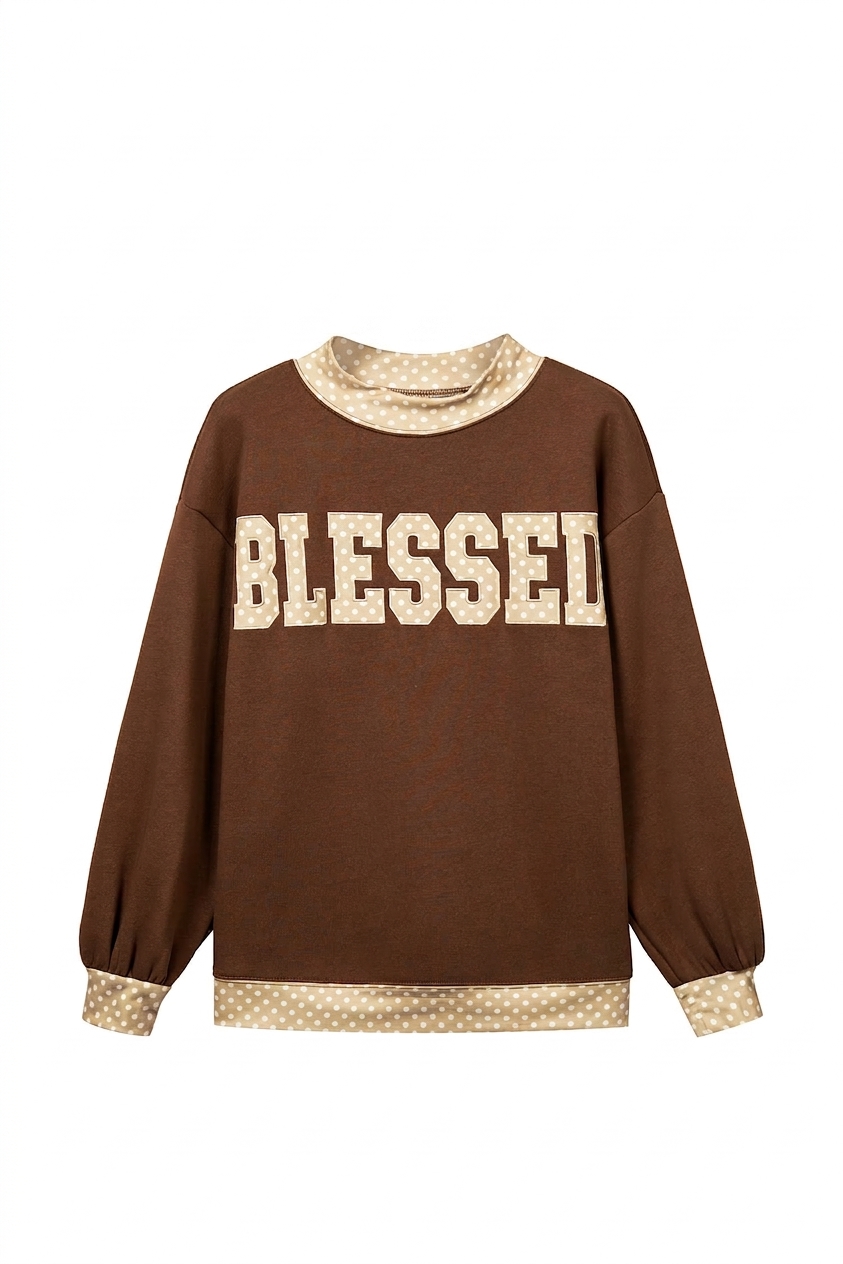 Women's Blessed Graphic Sweatshirt, Coffee Polka Dot Trim - Main View Women's Blessed Graphic Sweatshirt, Coffee Polka Dot Trim - Main View