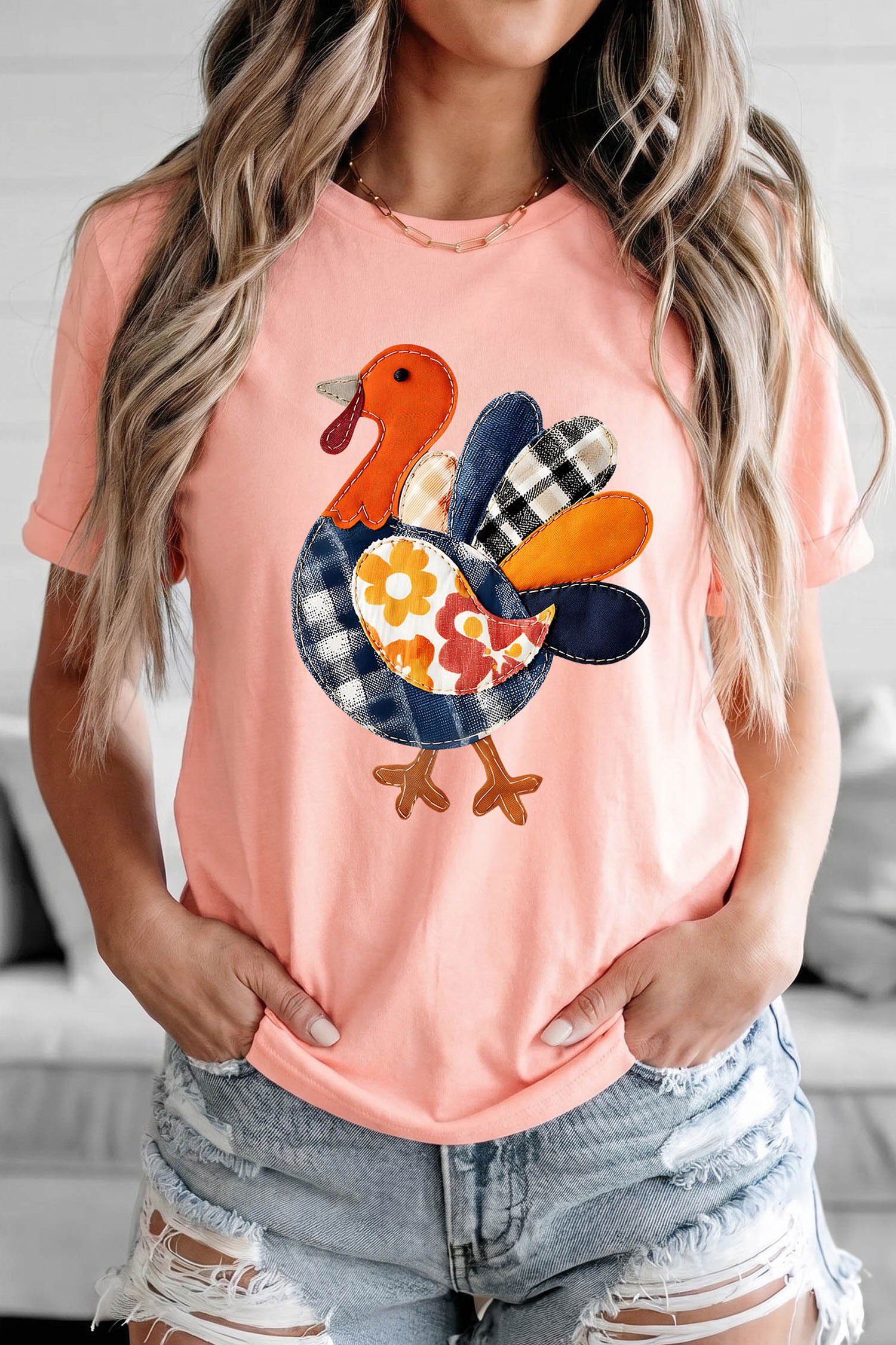 Western Print Turkey Tee, Women's Short Sleeve Top - Detail View 2 Western Print Turkey Tee, Women's Short Sleeve Top - Detail View 2