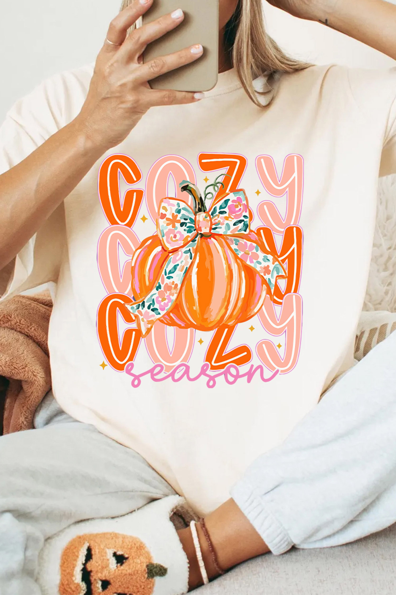 Cozy Season Pumpkin Tee, Trendy Women Graphic Round Neck - Detail View 8 Cozy Season Pumpkin Tee, Trendy Women Graphic Round Neck - Detail View 8